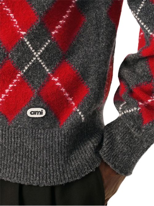 Cardigan a rombi in lana Ami Paris | HKC400.KN0202A353 CARBONGREY/RUBY